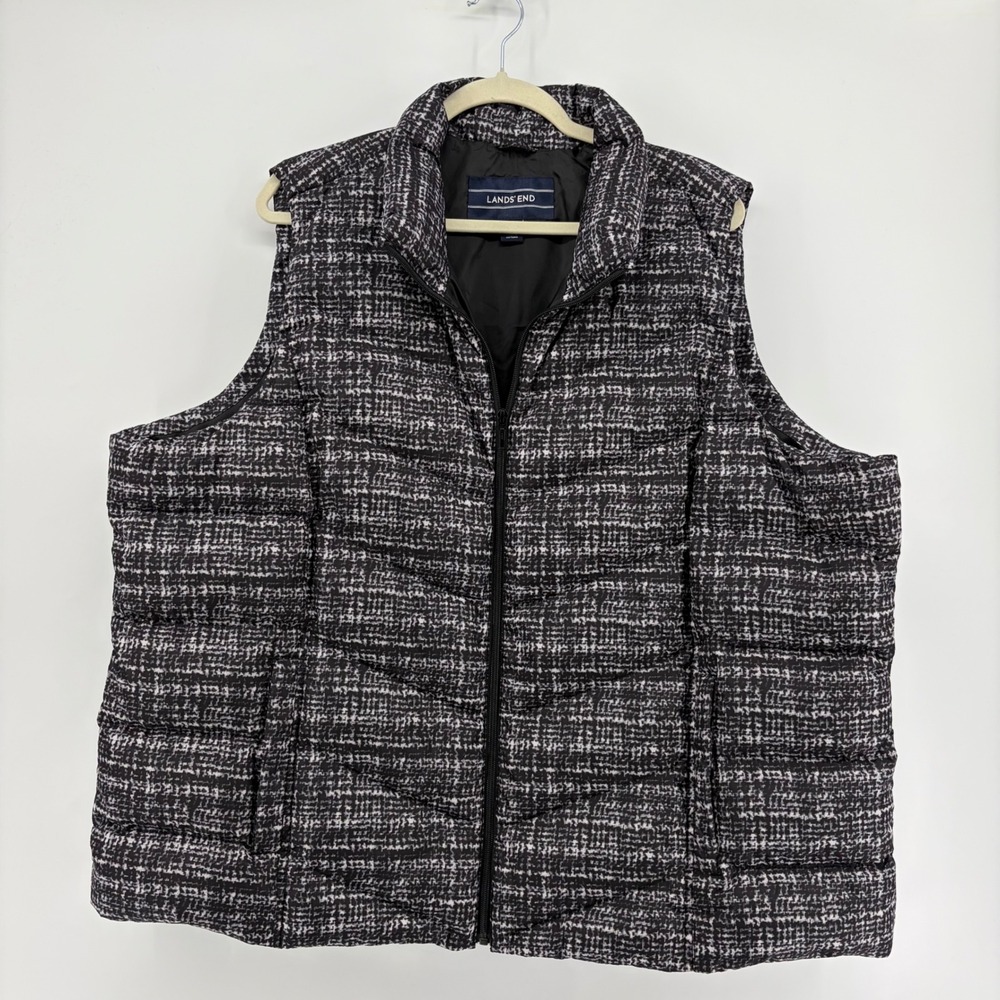 Lands' End Womens 3X Black White Puffer Vest Down Insulated Tweed Print Zip Up